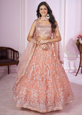 Pink Net Semi Stitched Lehenga Set