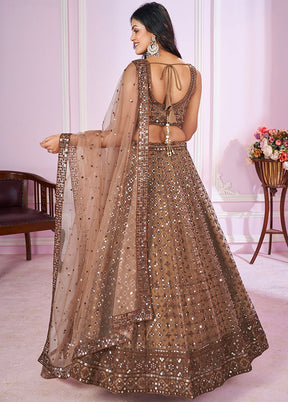 Brown Net Semi Stitched Lehenga Set