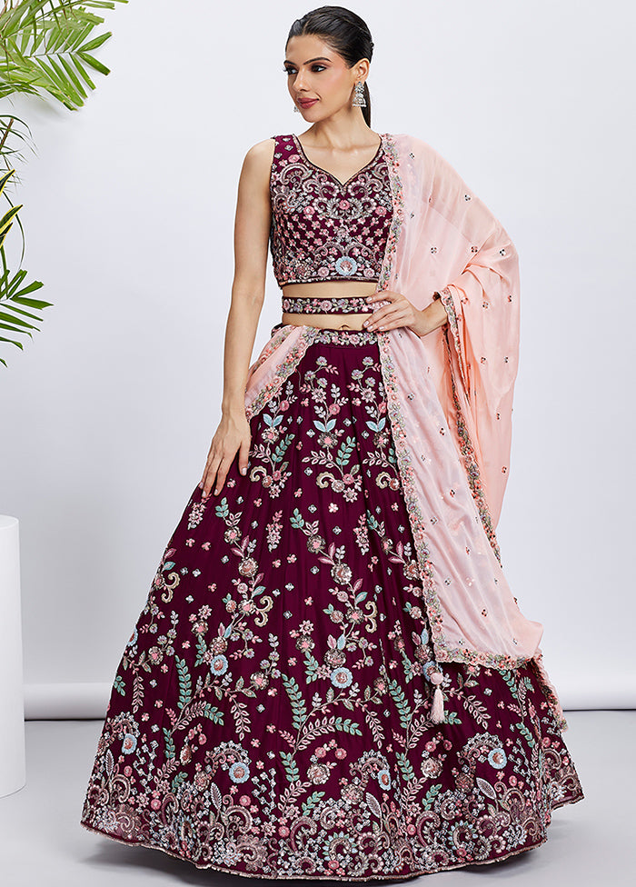 Burgundy Georgette Semi Stitched Lehenga Set