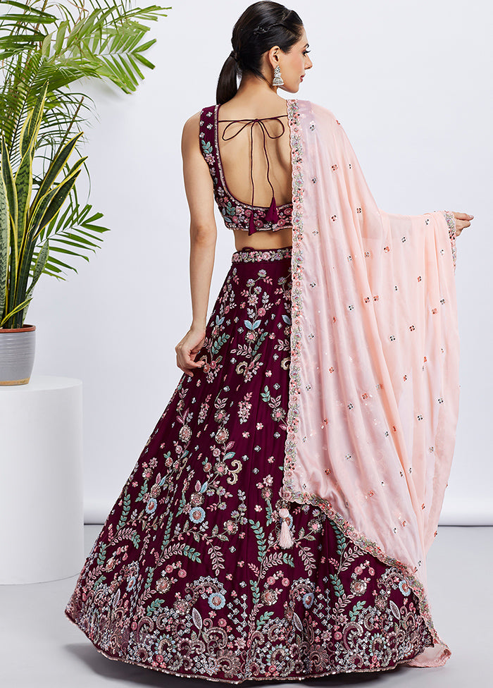 Burgundy Georgette Semi Stitched Lehenga Set