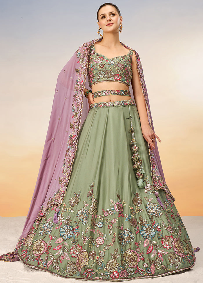 Lime Green Georgette Semi Stitched Lehenga Set