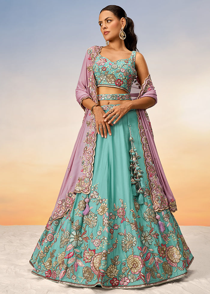 Turquoise Georgette Semi Stitched Lehenga Set