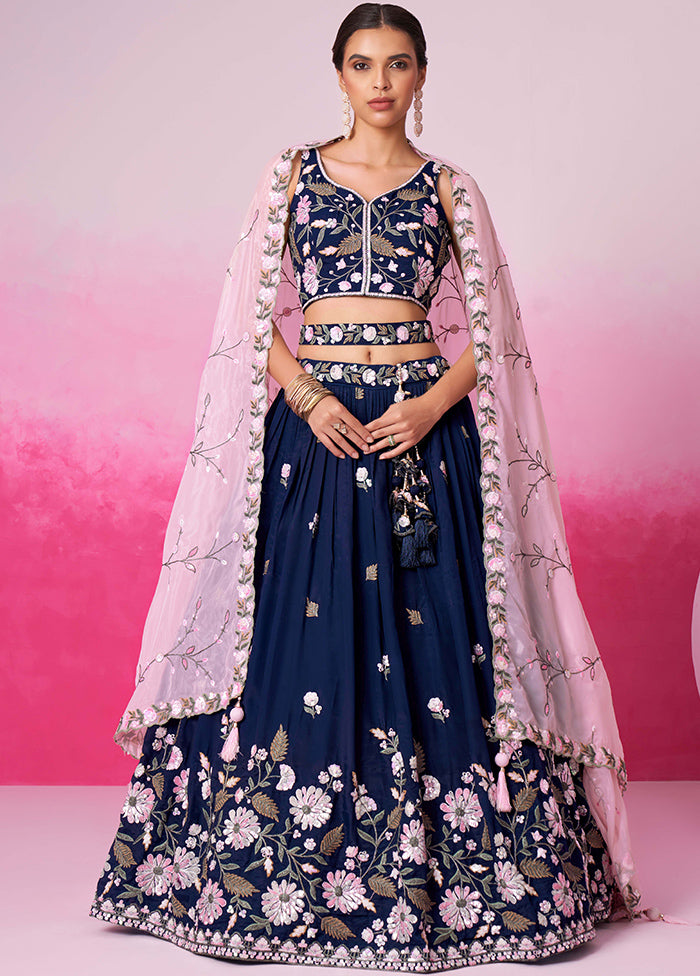 Navy Blue Silk Semi Stitched Lehenga Set