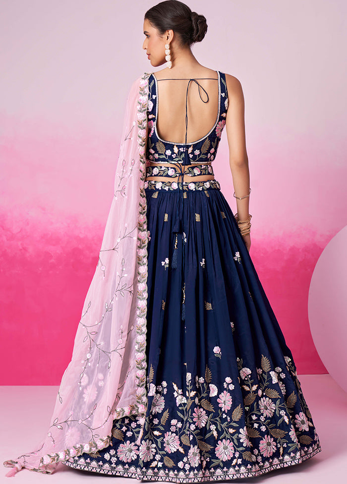 Navy Blue Silk Semi Stitched Lehenga Set