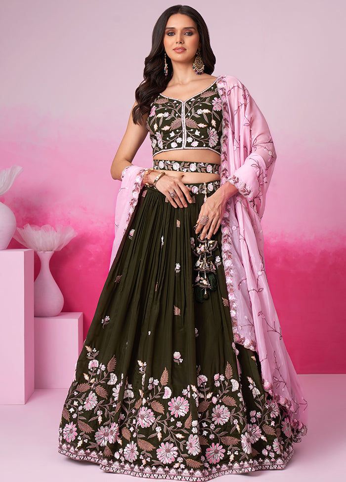 Olive Green Silk Semi Stitched Lehenga Set