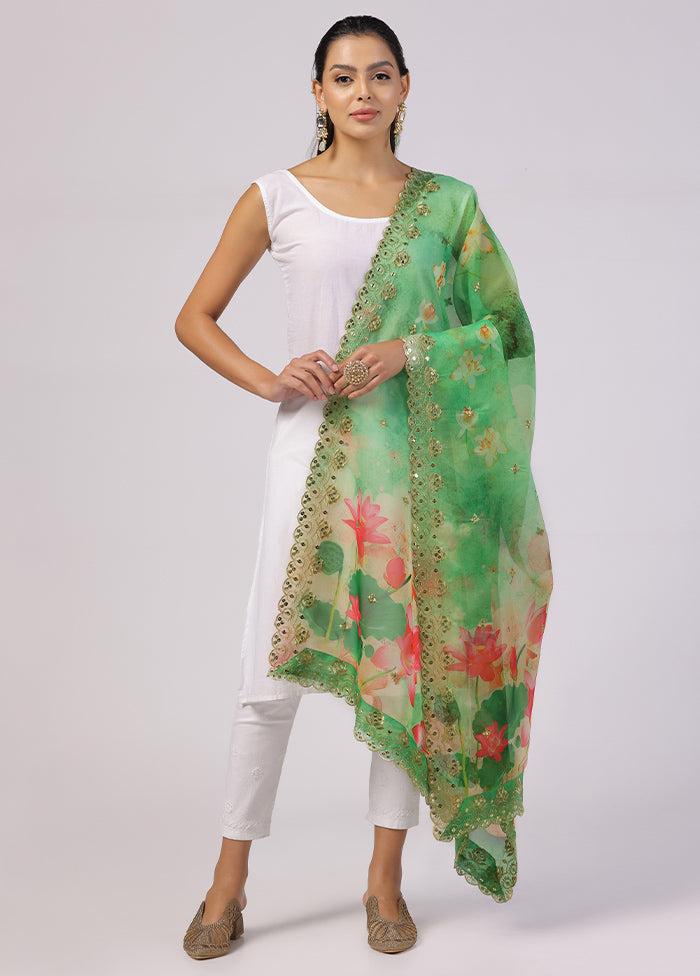 Green Organza Designer Digital Printed Work Dupatta