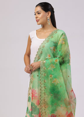 Green Organza Designer Digital Printed Work Dupatta