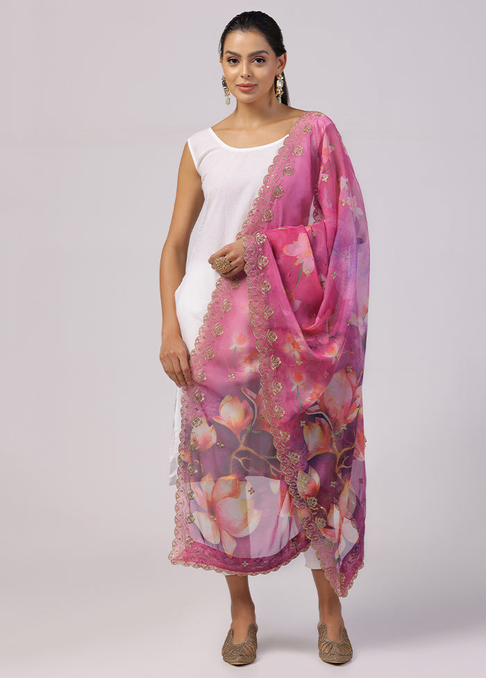 Pink Organza Designer Digital Printed Work Dupatta