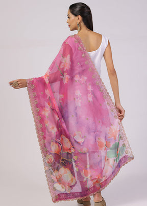 Pink Organza Designer Digital Printed Work Dupatta