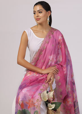 Pink Organza Designer Digital Printed Work Dupatta