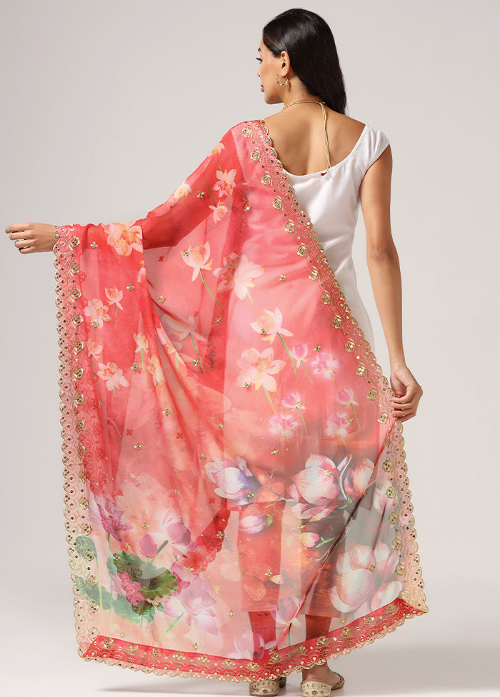 Red Organza Designer Digital Printed Work Dupatta