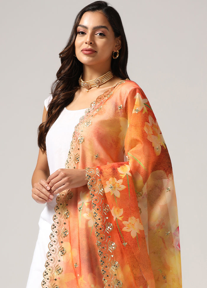 Yellow Organza Designer Digital Printed Work Dupatta