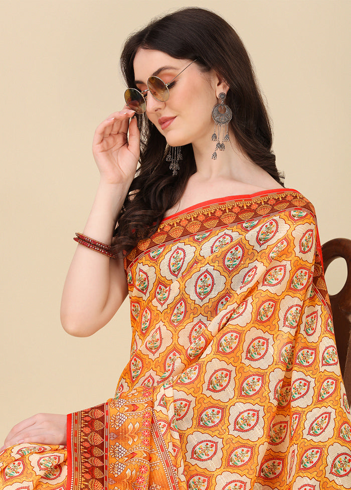 Orange Linen Silk Saree With Blouse Piece