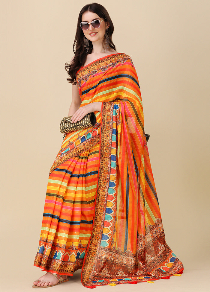 Multicolor Linen Silk Saree With Blouse Piece