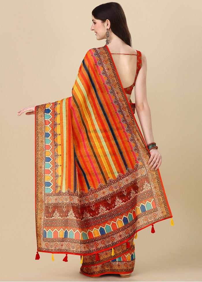 Multicolor Linen Silk Saree With Blouse Piece