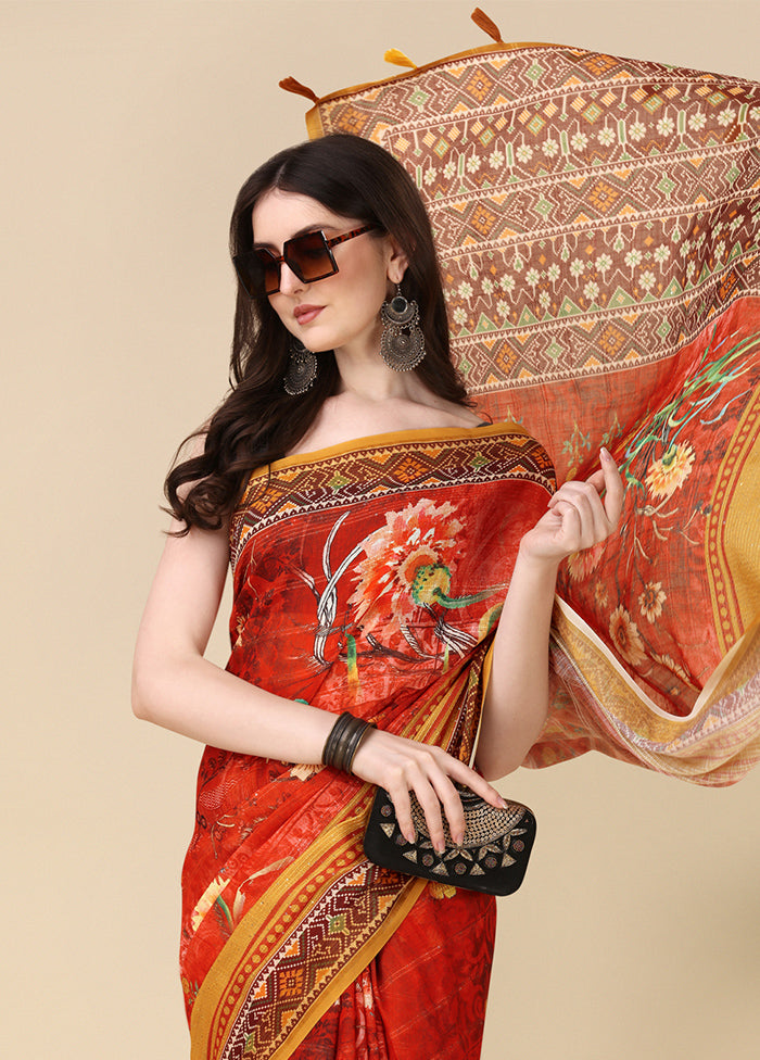 Red Linen Silk Saree With Blouse Piece