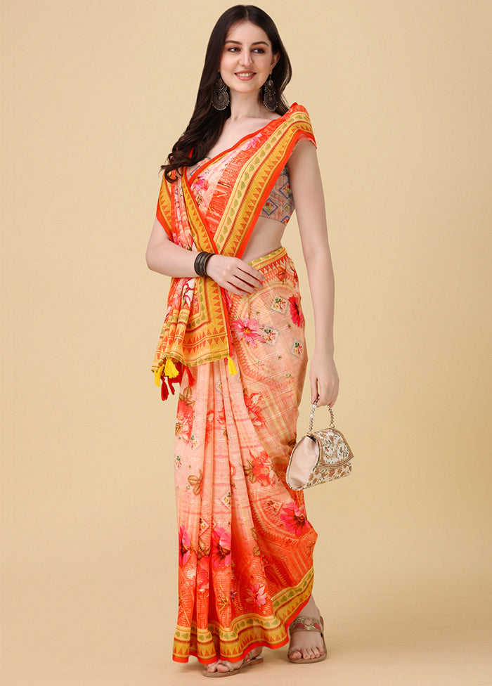 Peach Linen Silk Saree With Blouse Piece