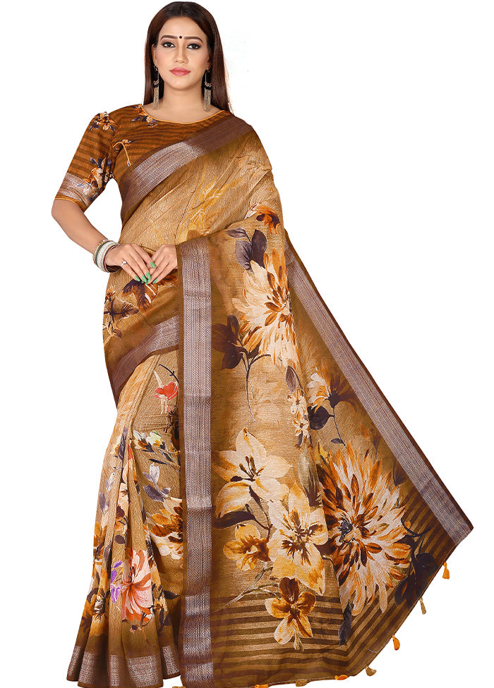 Brown Linen Silk Saree With Blouse Piece