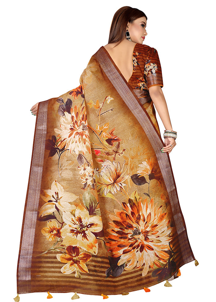 Brown Linen Silk Saree With Blouse Piece