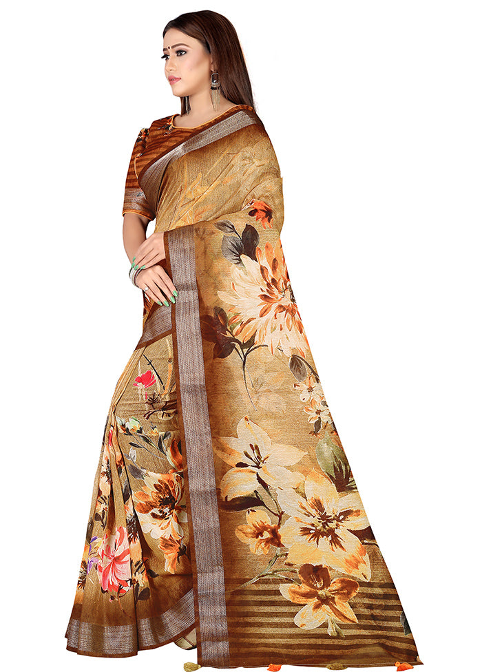 Brown Linen Silk Saree With Blouse Piece