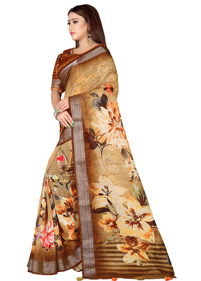 Brown Linen Silk Saree With Blouse Piece