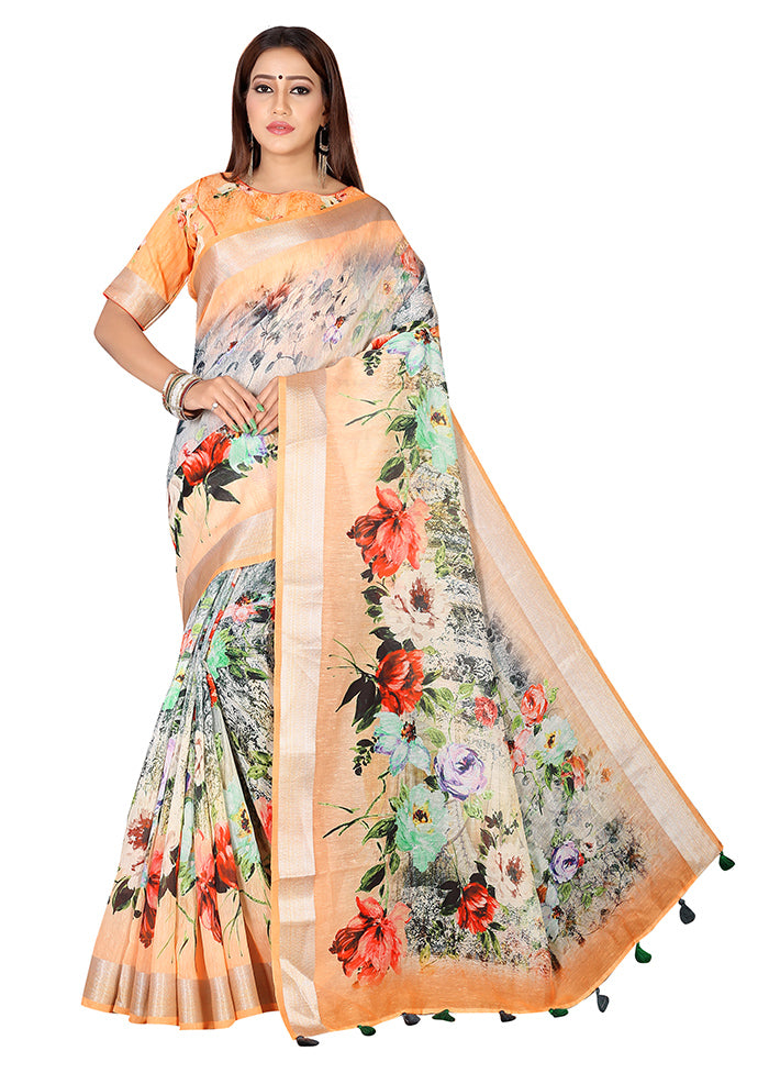 Peach Linen Silk Saree With Blouse Piece