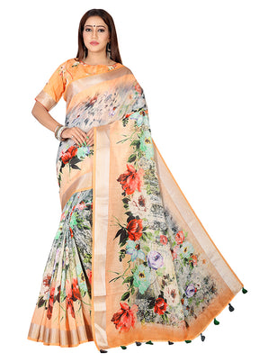 Peach Linen Silk Saree With Blouse Piece