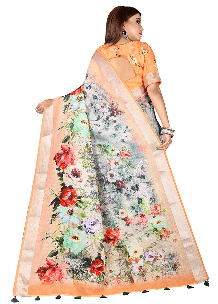 Peach Linen Silk Saree With Blouse Piece