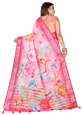 Pink Linen Silk Saree With Blouse Piece