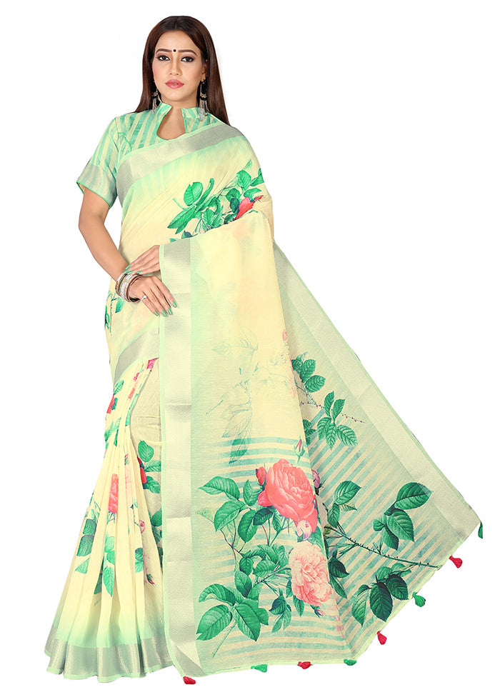 Green Linen Silk Saree With Blouse Piece