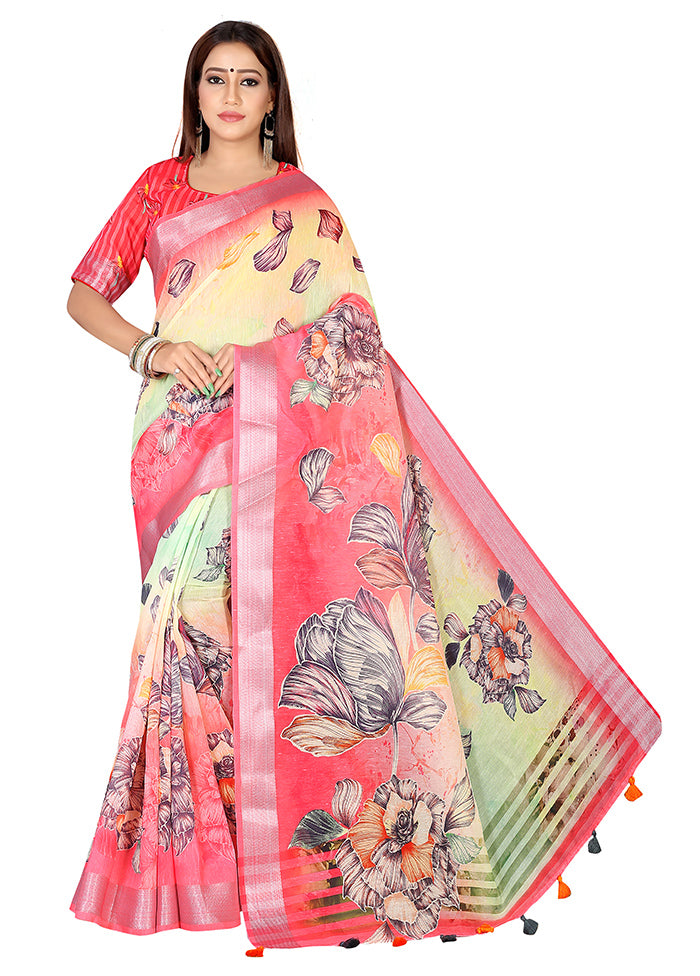 Pink Linen Silk Saree With Blouse Piece