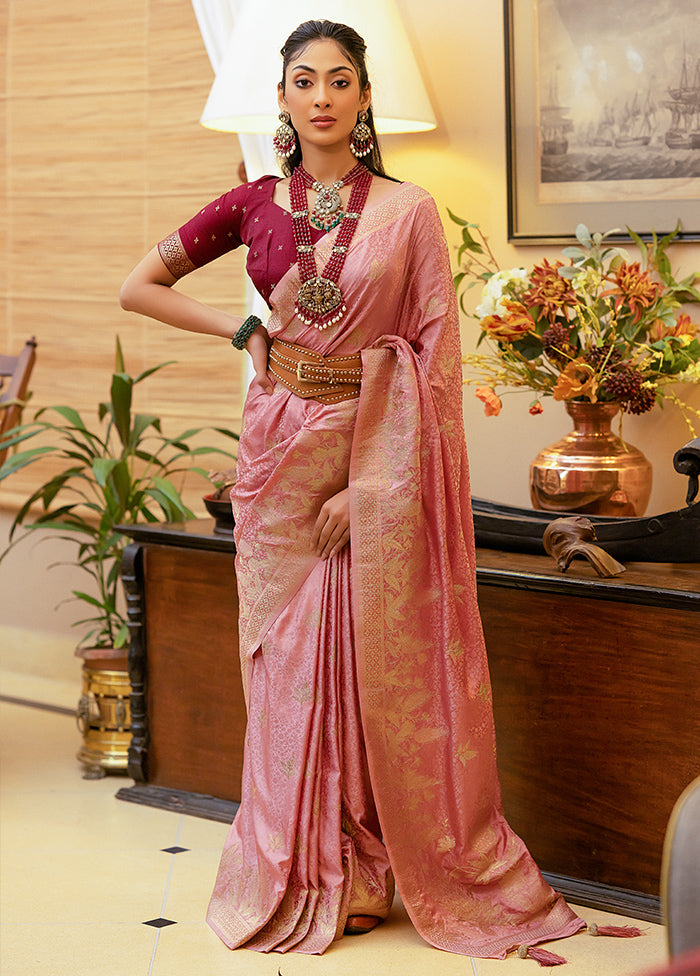 Pink Satin Silk Saree With Blouse Piece