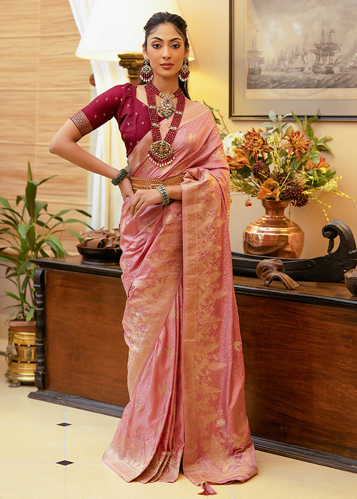 Pink Satin Silk Saree With Blouse Piece