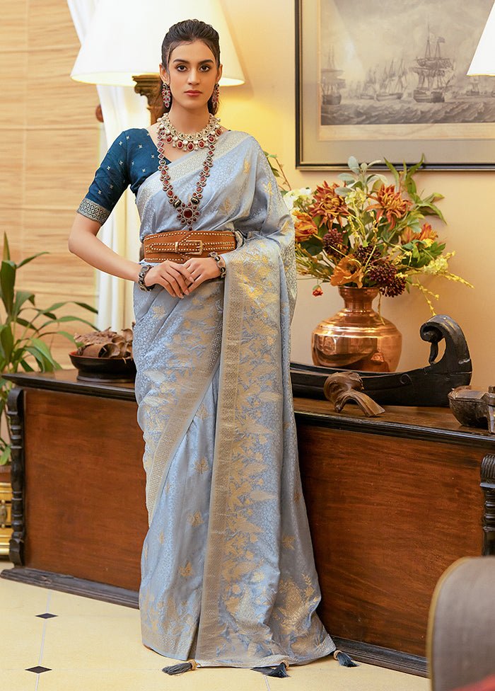 Sky Blue Satin Silk Saree With Blouse Piece