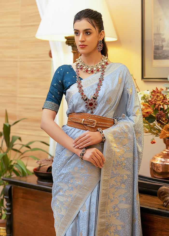 Sky Blue Satin Silk Saree With Blouse Piece