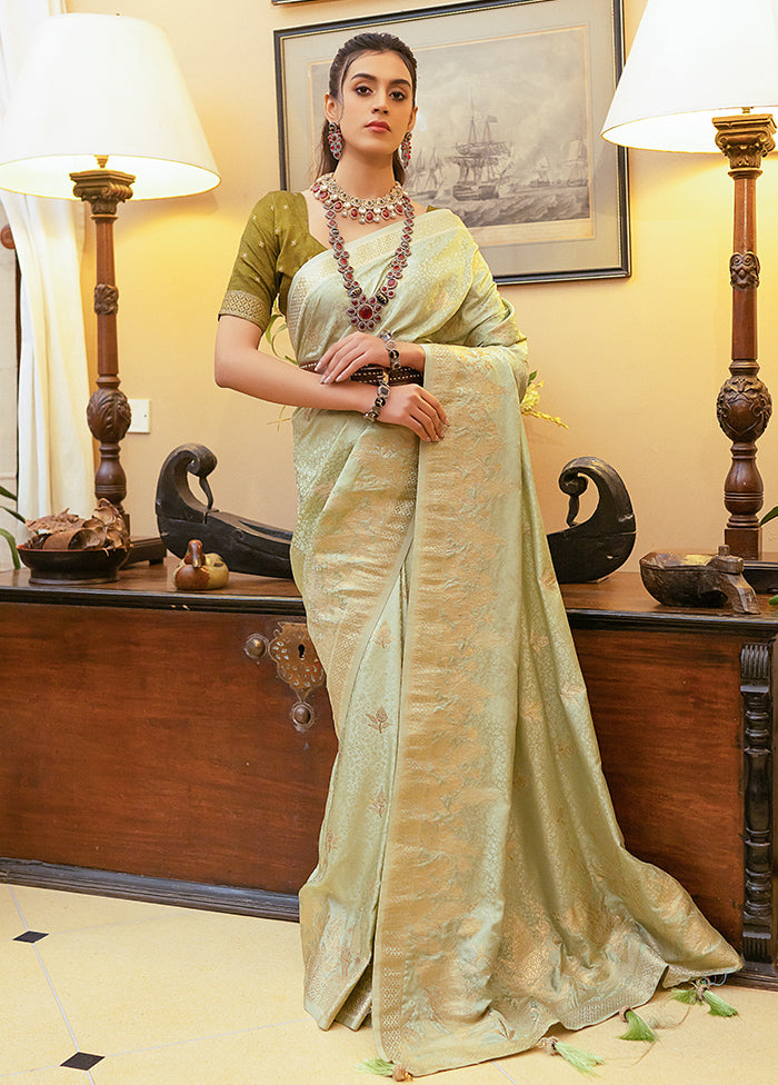 Green Satin Silk Saree With Blouse Piece