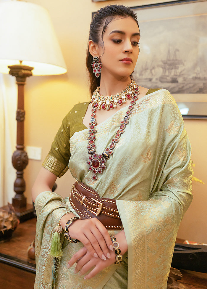 Green Satin Silk Saree With Blouse Piece