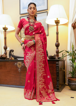 Dark Pink Satin Silk Saree With Blouse Piece