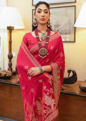 Dark Pink Satin Silk Saree With Blouse Piece