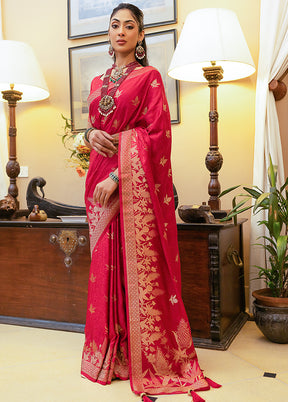 Dark Pink Satin Silk Saree With Blouse Piece