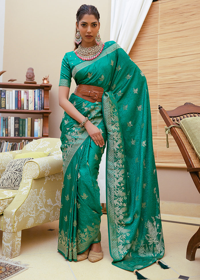 Sea Green Satin Silk Saree With Blouse Piece