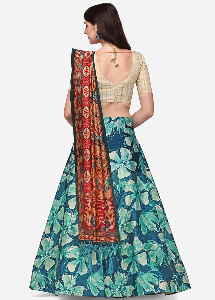 Teal Silk Semi Stitched Lehenga Set