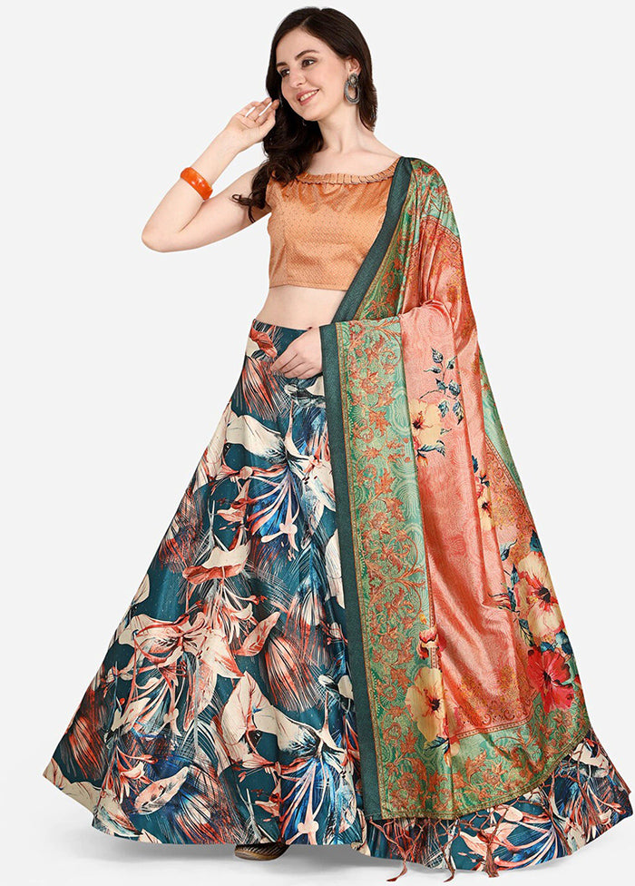 Teal Silk Semi Stitched Lehenga Set