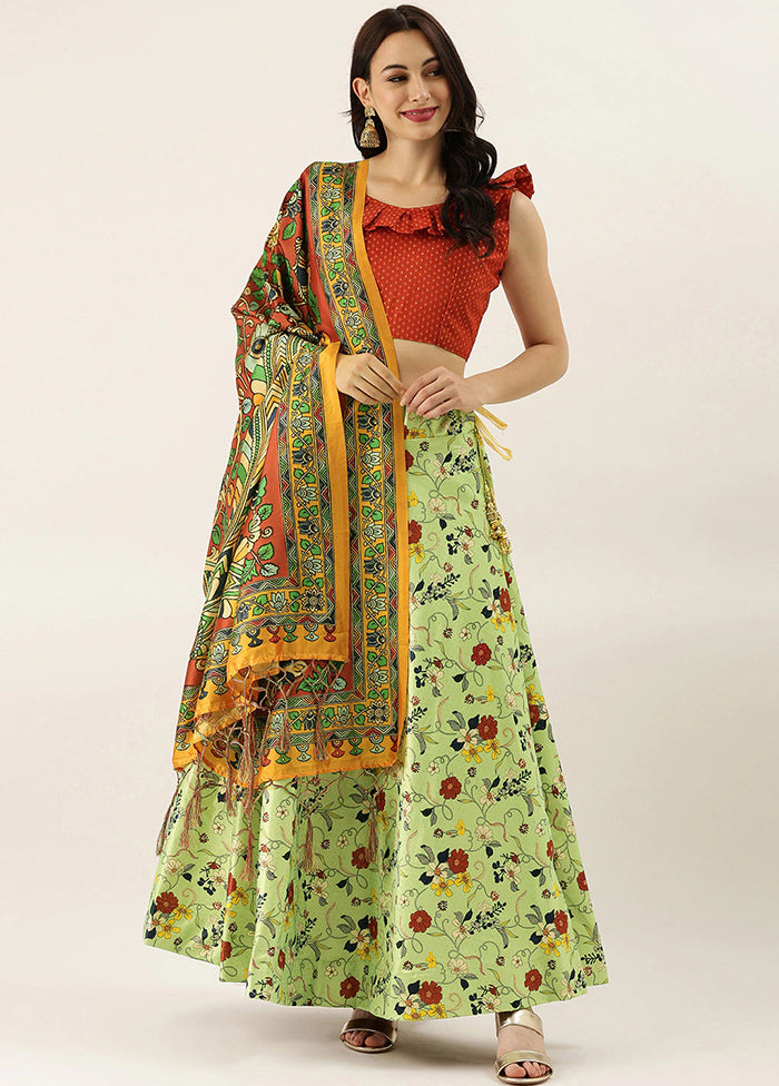 Green Silk Semi Stitched Lehenga Set