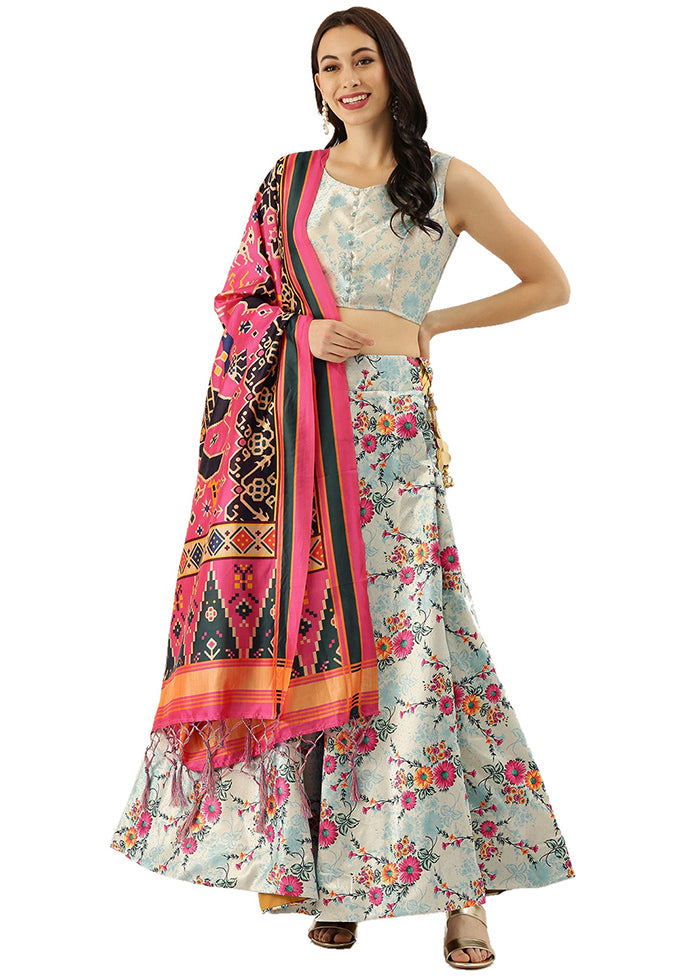 Light Blue Silk Semi Stitched Lehenga Set