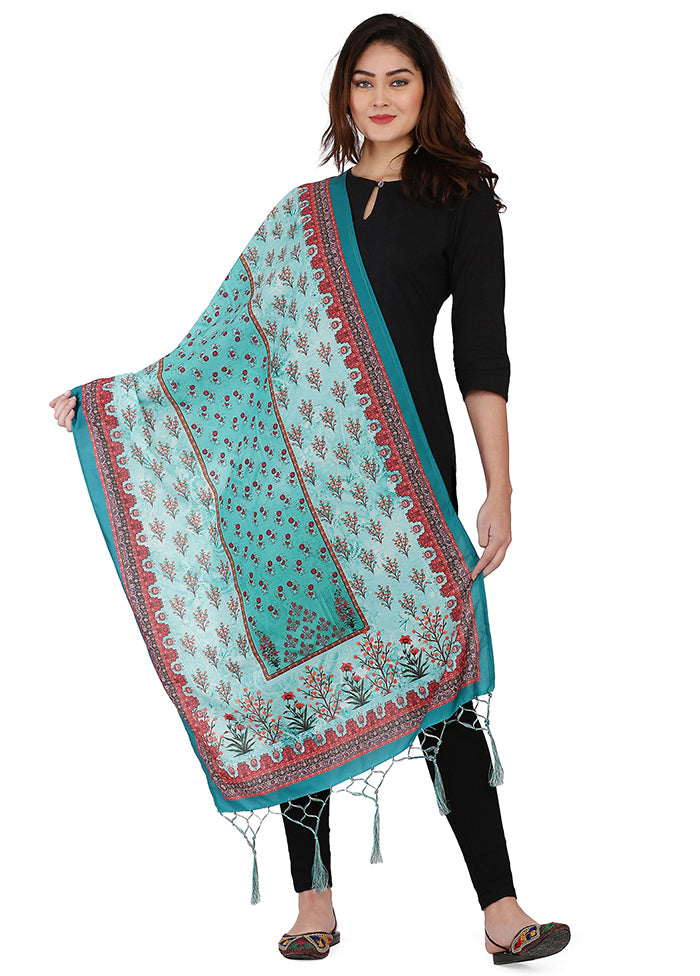 Light Blue Cotton Designer Digital Printed Work Dupatta