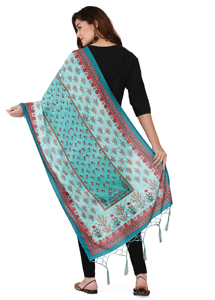 Light Blue Cotton Designer Digital Printed Work Dupatta