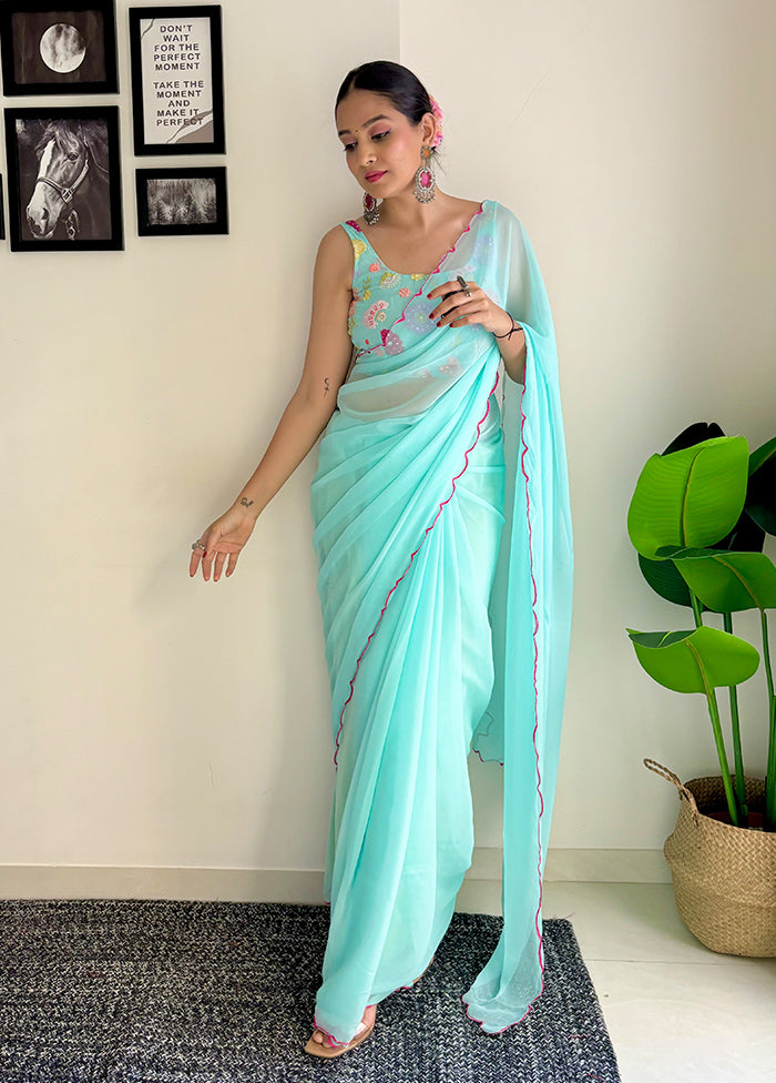 Sky Blue Georgette Saree With Blouse Piece