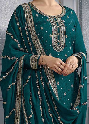 3 Pc Teal Green Semi Stitched Silk Suit Set