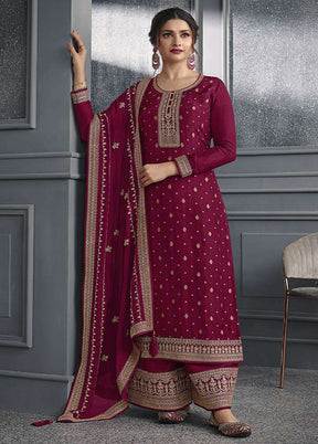 3 Pc Wine Semi Stitched Silk Suit Set